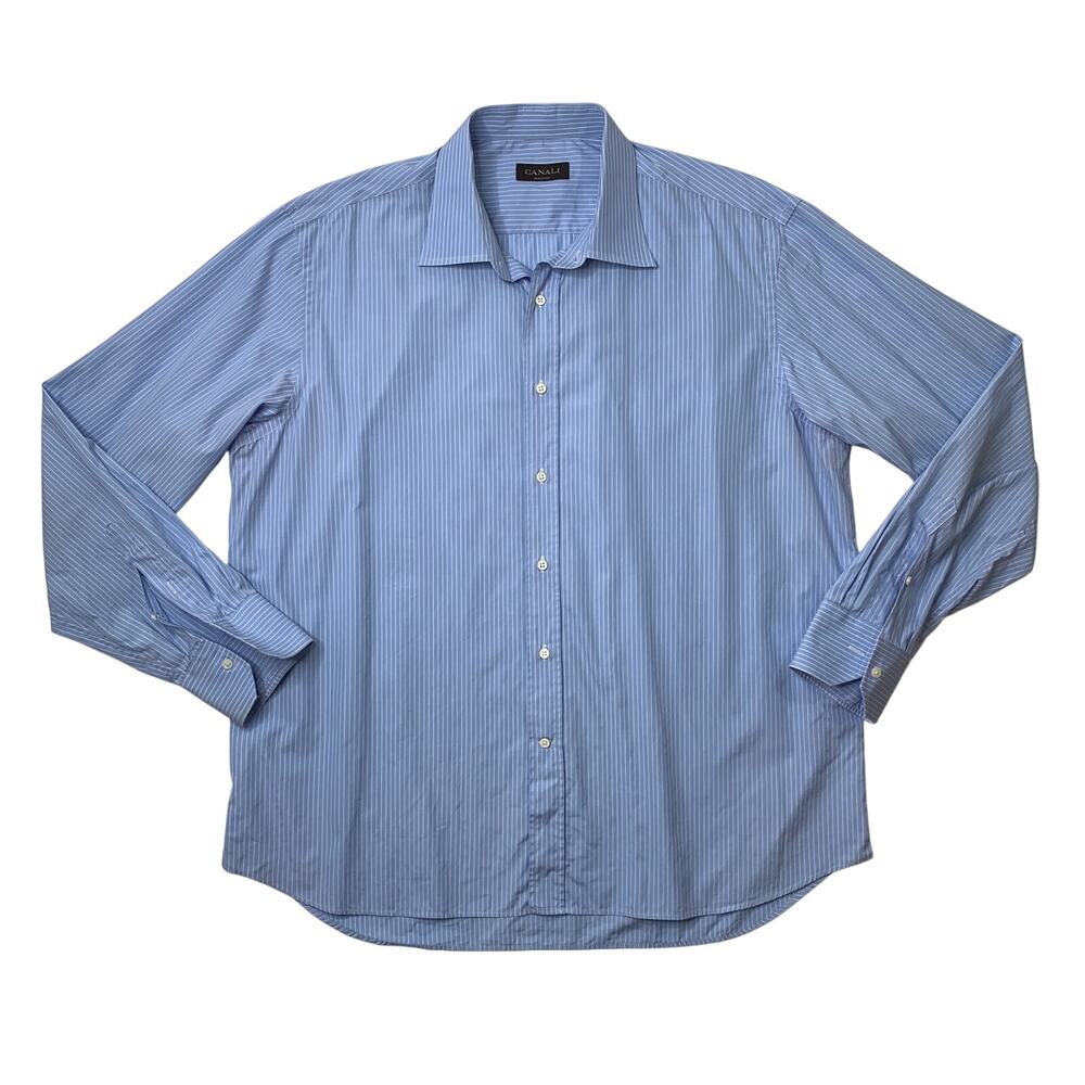 Canali Shirt Mens 17 3/4 Copen Blue Cotton Striped Button Up Long Sleeve Dress